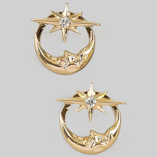 Moon & Cz Star Post Earrings, Gold