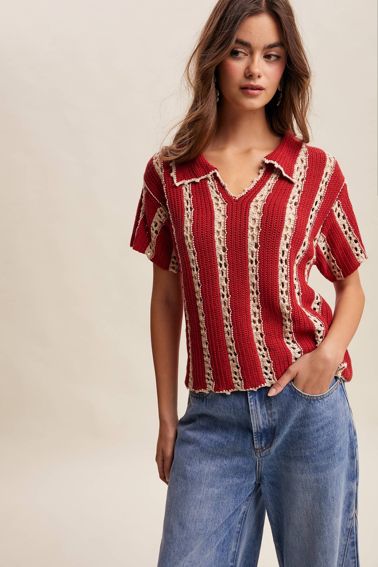 East Meets West (Red) Crochet Stripe Top