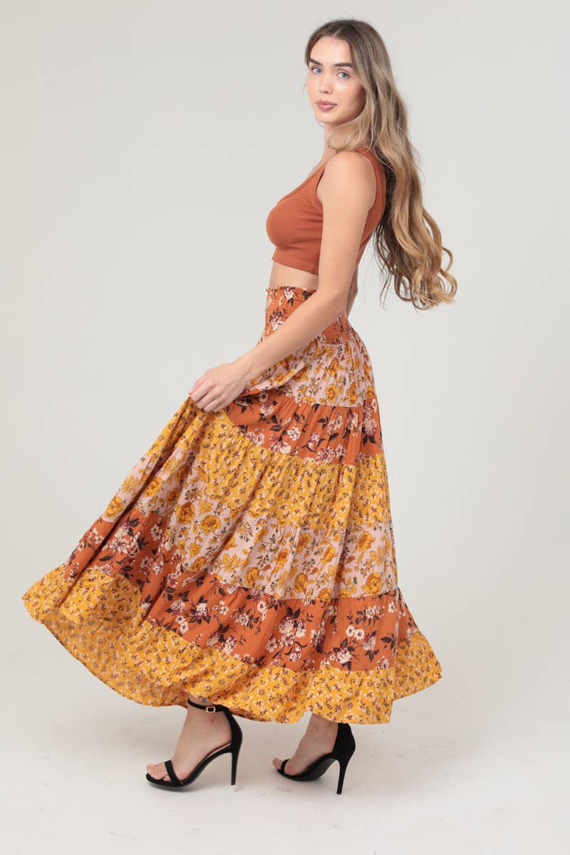 Pumpkin Spice Floral Tiered Maxi Skirt