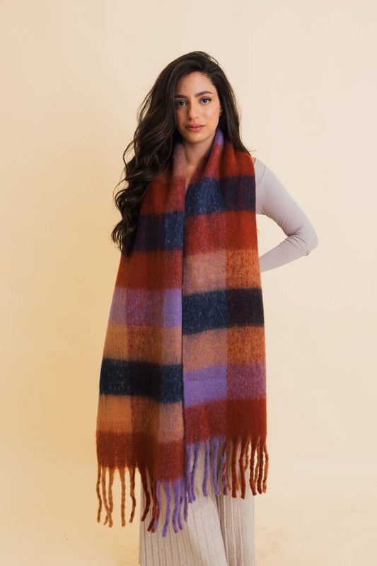 Cup Of Cozy (Red) Long Fringe Plaid Scarf