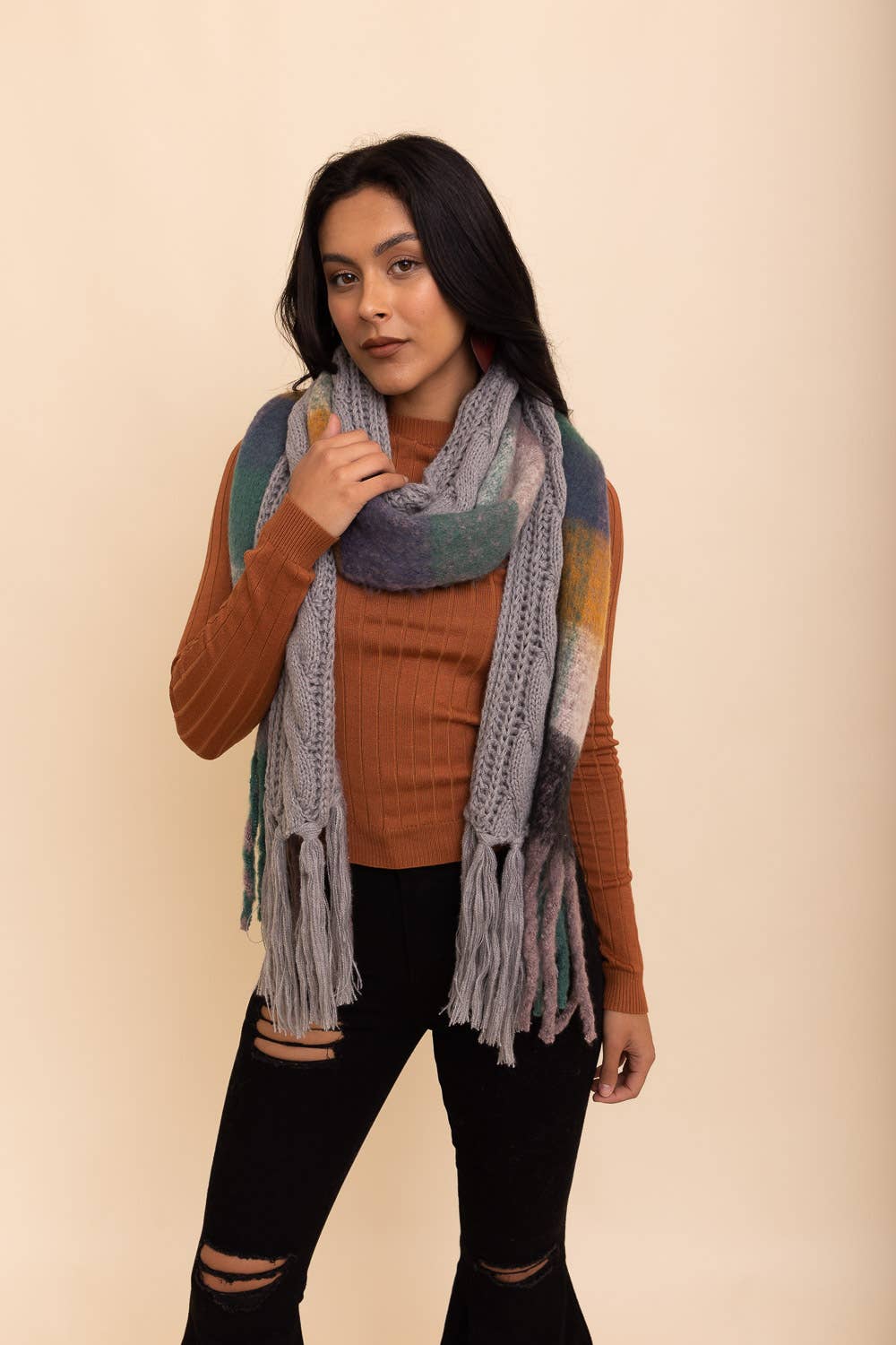 Cozy Knit (Grey) Dual Texture Plaid Scarf