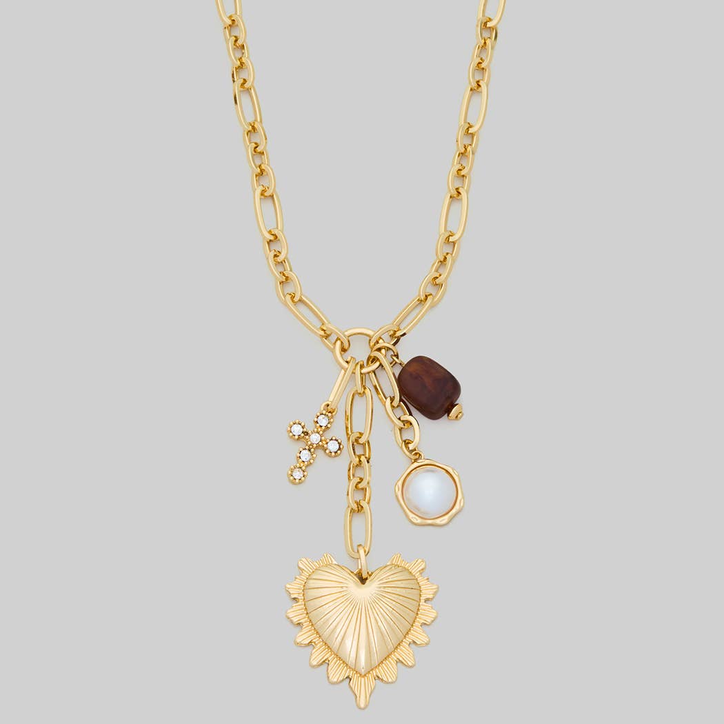 Heart Pearl Stone Cross Charm Necklace, Gold