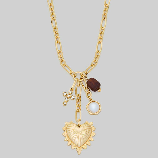 Heart Pearl Stone Cross Charm Necklace, Gold