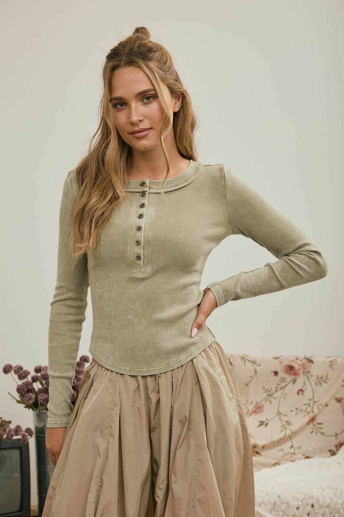 Feeling Fresh (Olive) Wash Henley Top