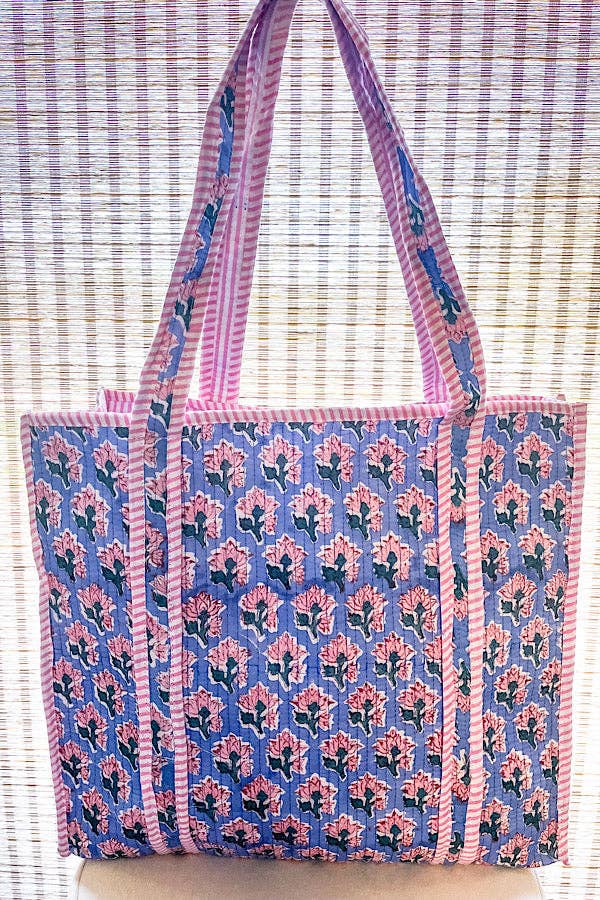Sybil Blue/Pink Quilted Floral Tote Bag
