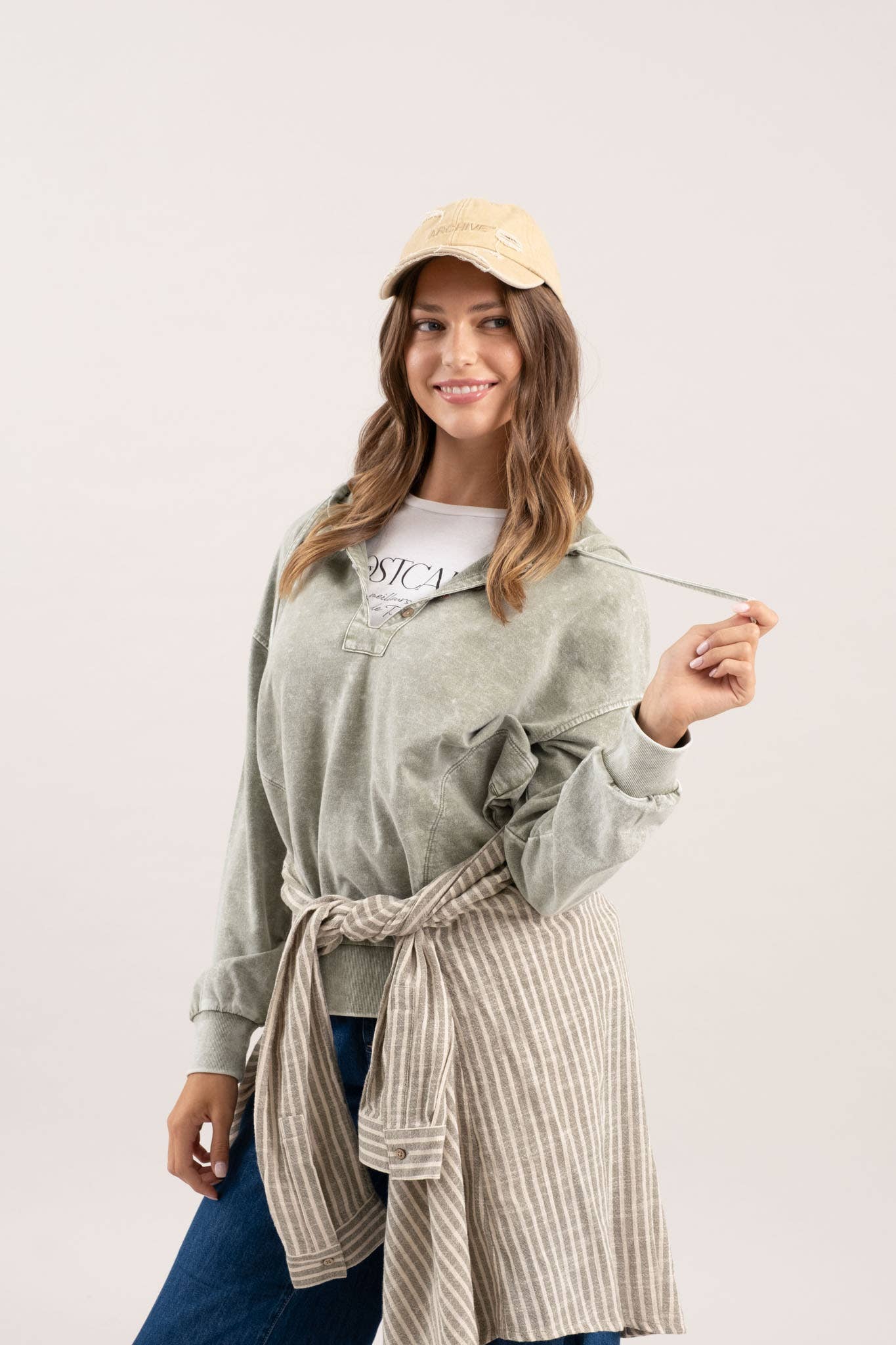 Casual Cutie (Olive) Wash Hooded Henley