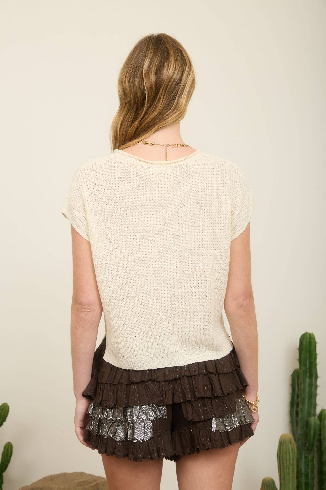 Day Trip (Cream) SS Split Neck Sweater