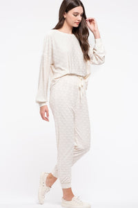 Textured Dot Print Cozy Pants, Cream (Sizes S-3XL)