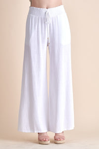 Need To Know WHITE Soft Linen Smocked Waist Wide Leg Pants