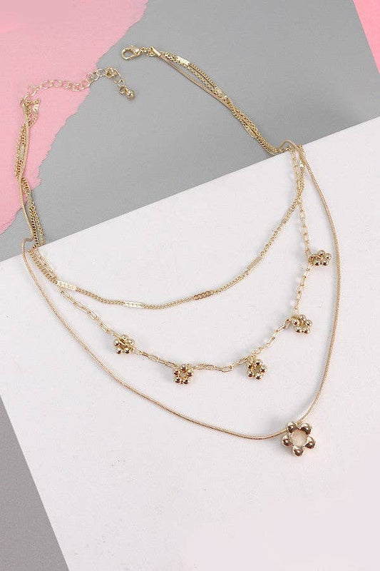 Triple Layer Gold Flower Charms Necklace