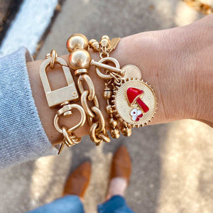 Delaine Mushroom Layered Ball Chain T-Bar Bracelet, Worn Gold