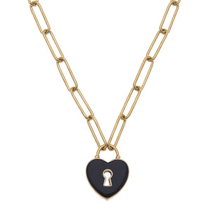 Monclér Black Enamel Heart Padlock Necklace