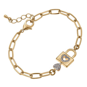 Joelle Pavé Heart Padlock Chain Bracelet, Worn Gold