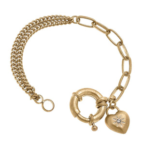 Kacie Puffed Heart Mixed Media Chain Bracelet, Worn Gold