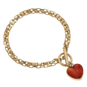 Ginny Rusty Red Carnelian Gemstone Heart & Layered Chain T-Bar Bracelet