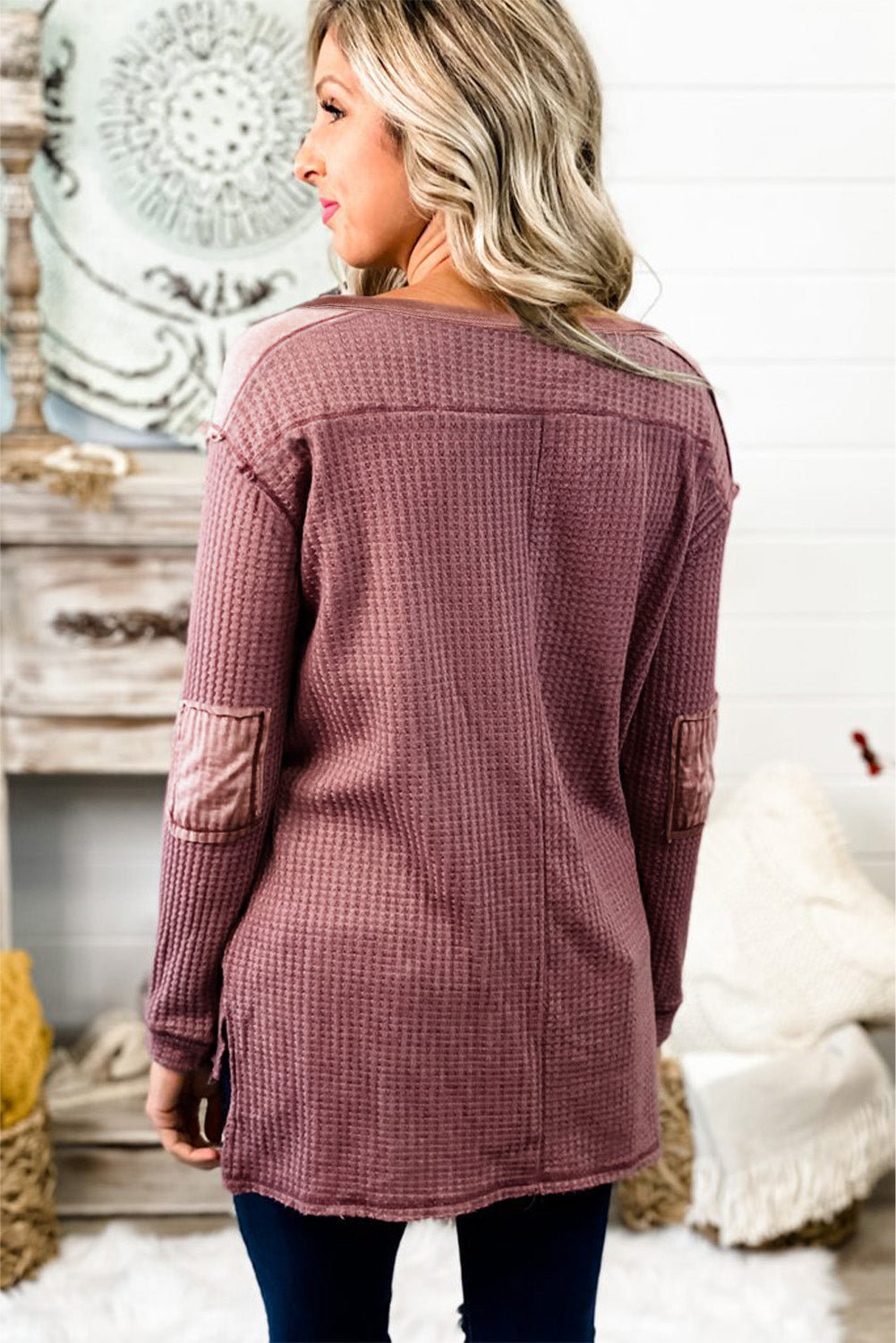 MAUVE Waffle Elbow Patch Henley Top