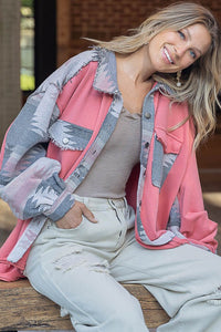 POL Aztec Sun French Terry Shacket, Coral