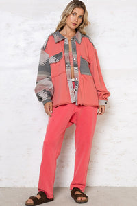 POL Aztec Sun French Terry Shacket, Coral