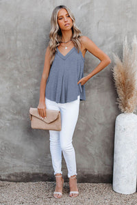 Luxe For Less: Grey-Blue Solid V-Neck Ruffle Ribbed Jersey Tank, Sizes S-2XL
