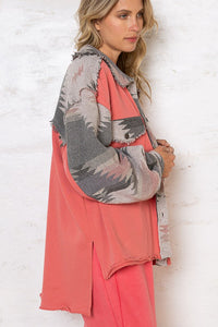 POL Aztec Sun French Terry Shacket, Coral
