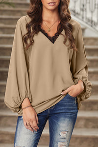 TAUPE Lace Trim Balloon Sleeve Blouse