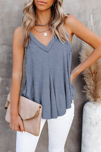 Luxe For Less: Grey-Blue Solid V-Neck Ruffle Ribbed Jersey Tank, Sizes S-2XL