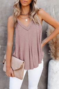 Luxe For Less: Mauve Solid V-Neck Ruffle Ribbed Jersey Tank, Sizes S-2XL