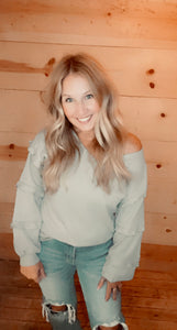 Keeping It Together GREY Waffle Layered Ruffle Balloon Sleeve Top